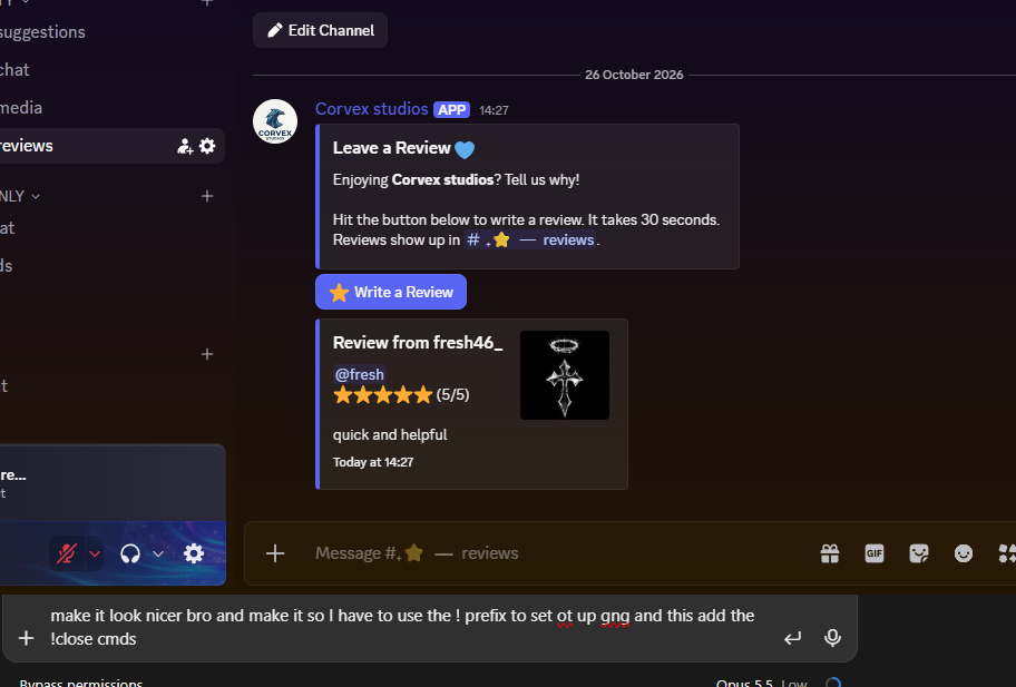 The Leave a Review panel with a Write a Review button, and a posted five-star review below it.