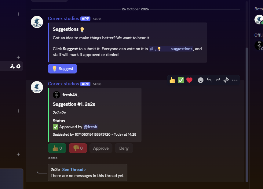 A suggestion post marked Approved, with upvote and downvote buttons and a discussion thread.