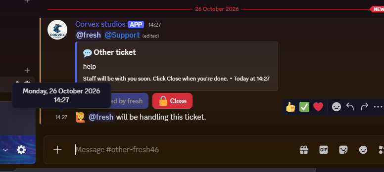 An open ticket channel showing the member's request and a Claim button that says Claimed by fresh, and a Close button.