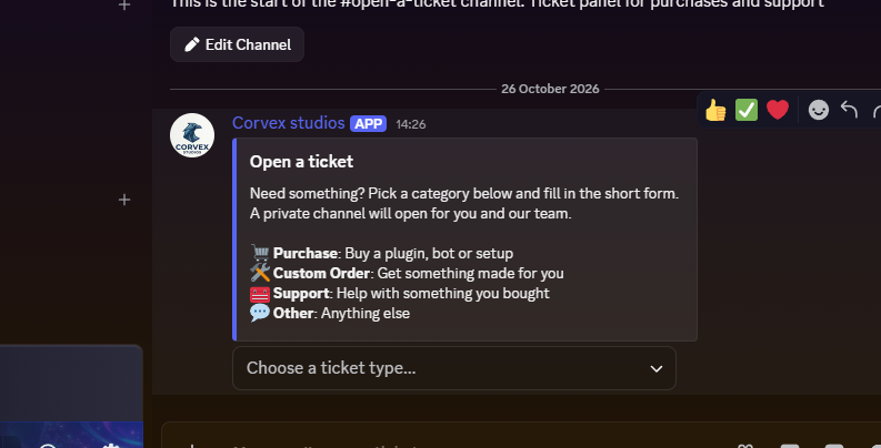 The ticket panel in Discord, with a dropdown to choose Purchase, Custom Order, Support or Other.