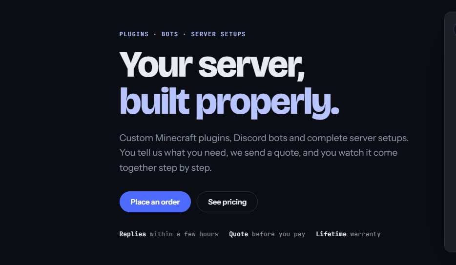 The Corvex Studios homepage hero reading Your server, built properly, with Place an order and See pricing buttons.